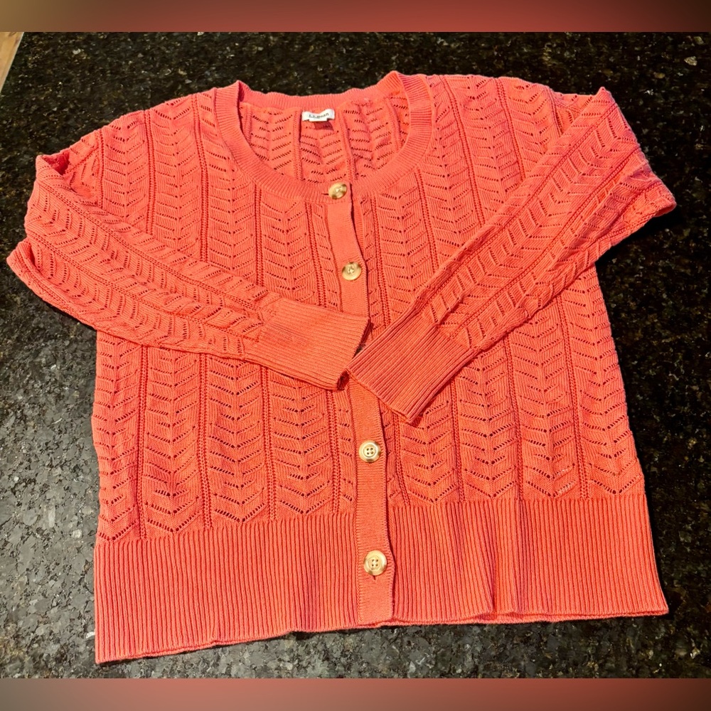 ⭐️LL Bean Frye Island Pointelle Cardigan Coquette Sweater in Coral - Size Med⭐️